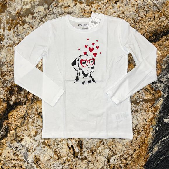 NWT J. Crew Girls' White W/Heart Dalmatian Long Sleeve Graphic Tee - Picture 2 of 7